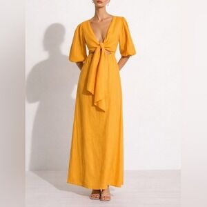 Faithfull the Brand La Mia Maxi Dress US 4 Tie Front Cutout Puff Sleeve Linen